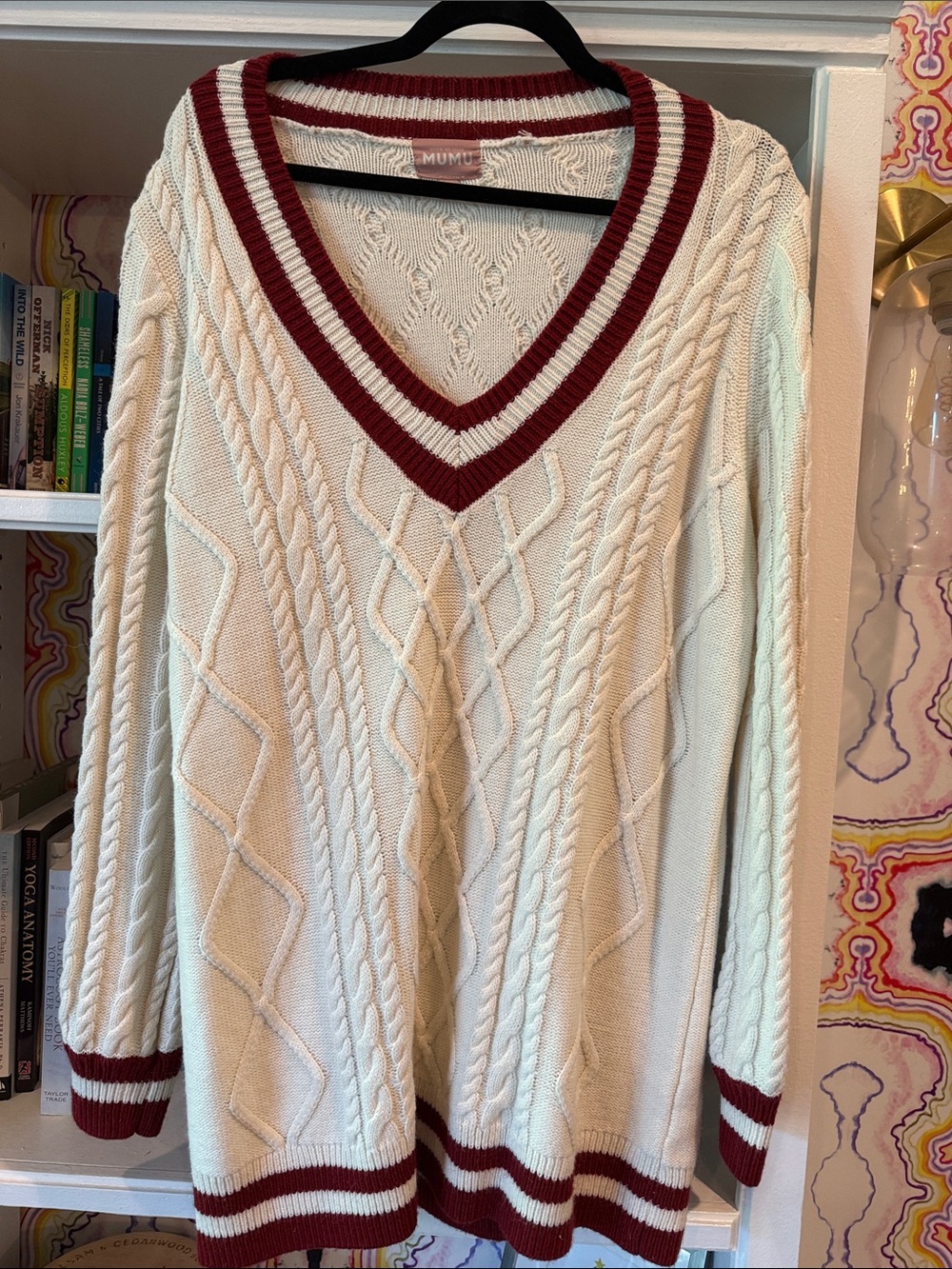Show Me Your MuMu Cream Cable Knit V‑Neck Sweater with Burgundy Trim